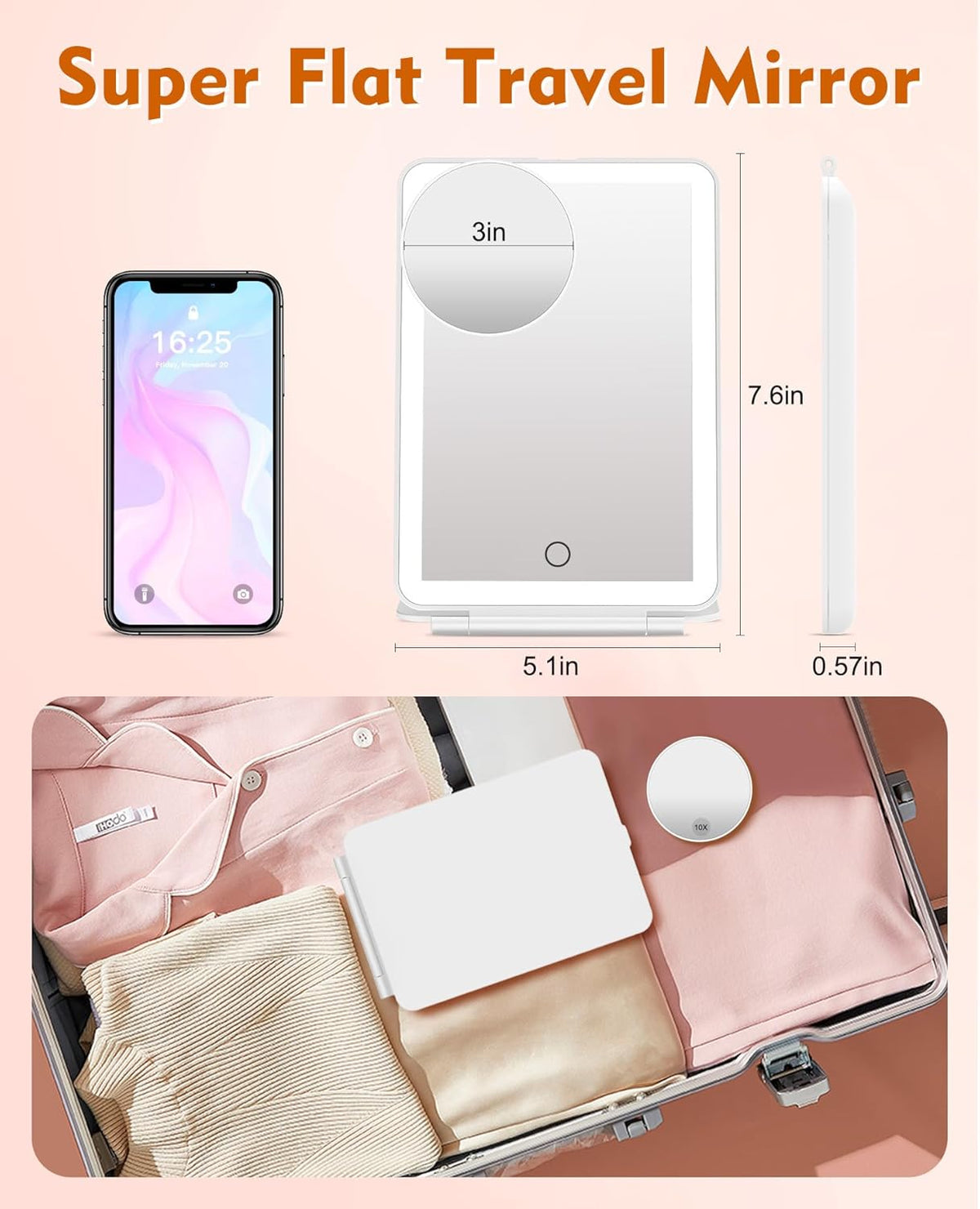 FUNTOUCH Rechargeable Travel Makeup Mirror with Lights and 10X Magnifying Mirrors, Portable Lighted