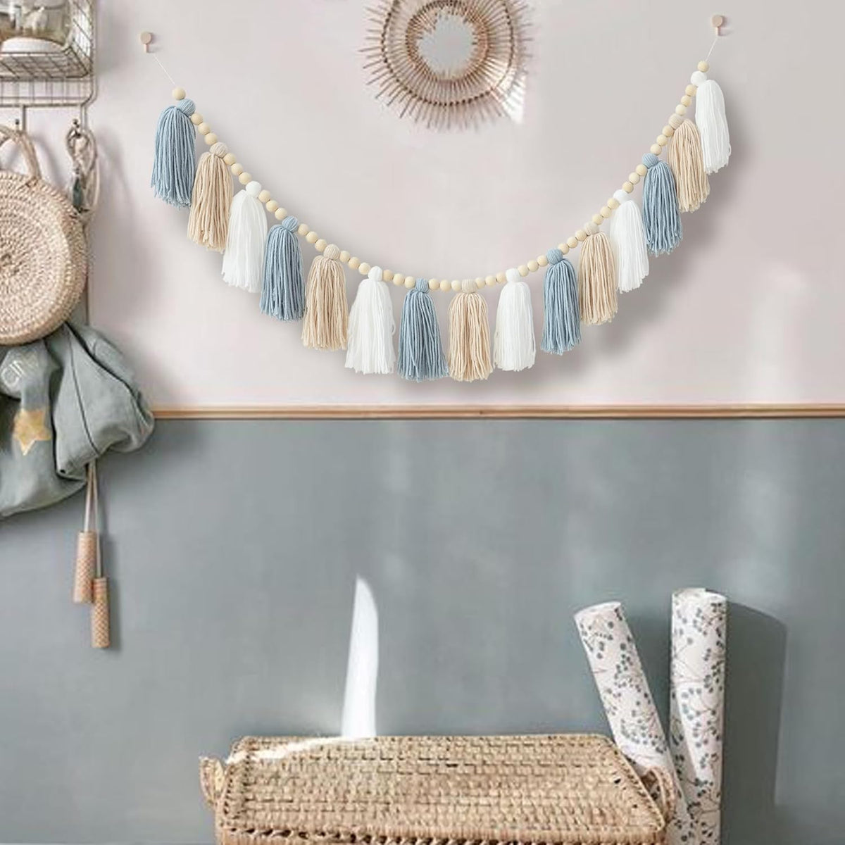 Boho Tassel Garland Wall Hanging with Wood Beads Blue Tassel Garland for Baby Shower Kids Room