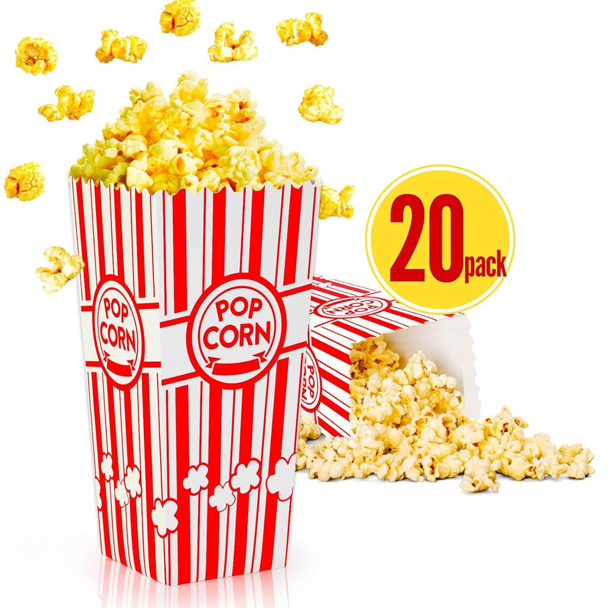 ZEEGO0 20-Pack Popcorn Boxes, Sturdy and Durable Popcorn Bucket, 7.75in Tall Large Capacity Popcorn
