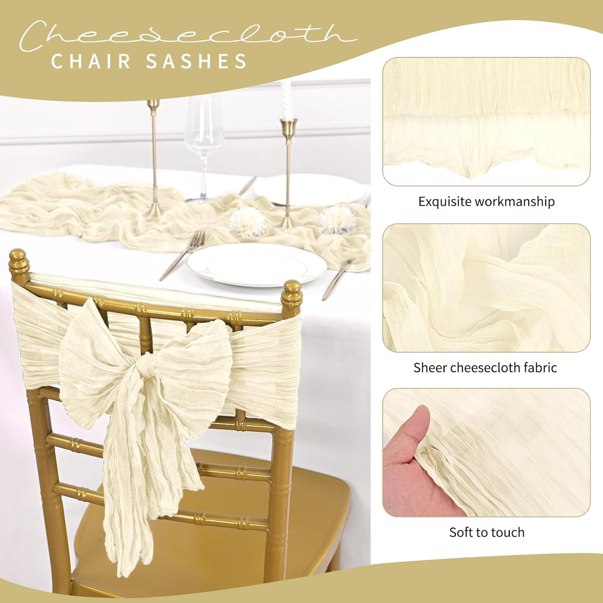 50 PCS Cheesecloth Chair Sashes, Bows Designed ChairSashes, 15.7x70 inch Chair Sashes for Aisle