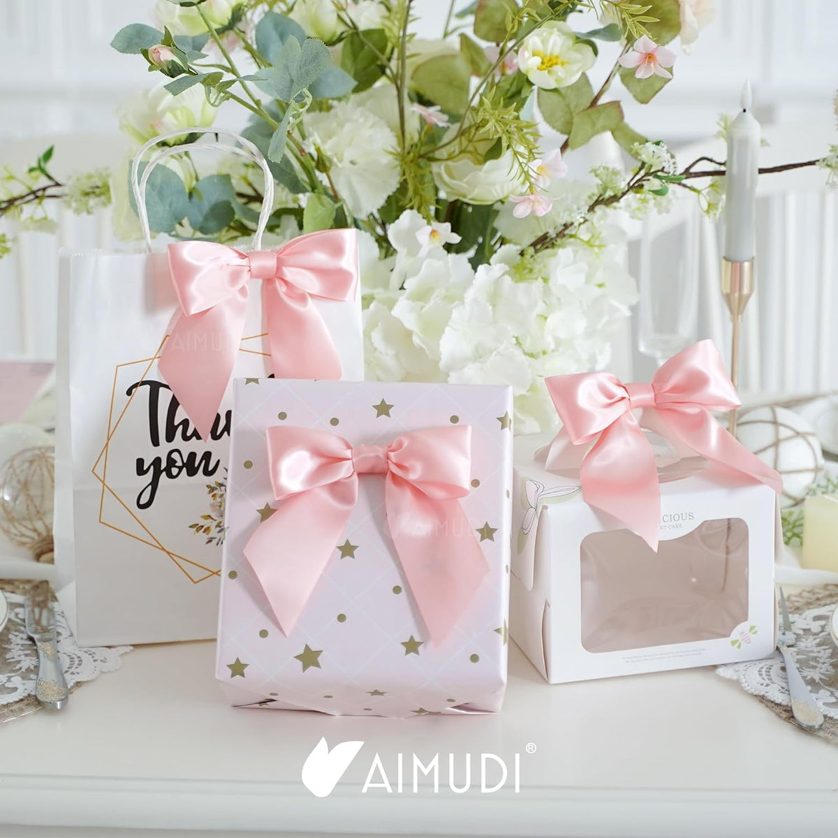 AIMUDI Baby Pink Satin Bows 5.5" Bows for Gift Wrapping Satin Twist Tie Bows Premade Ribbon Bows