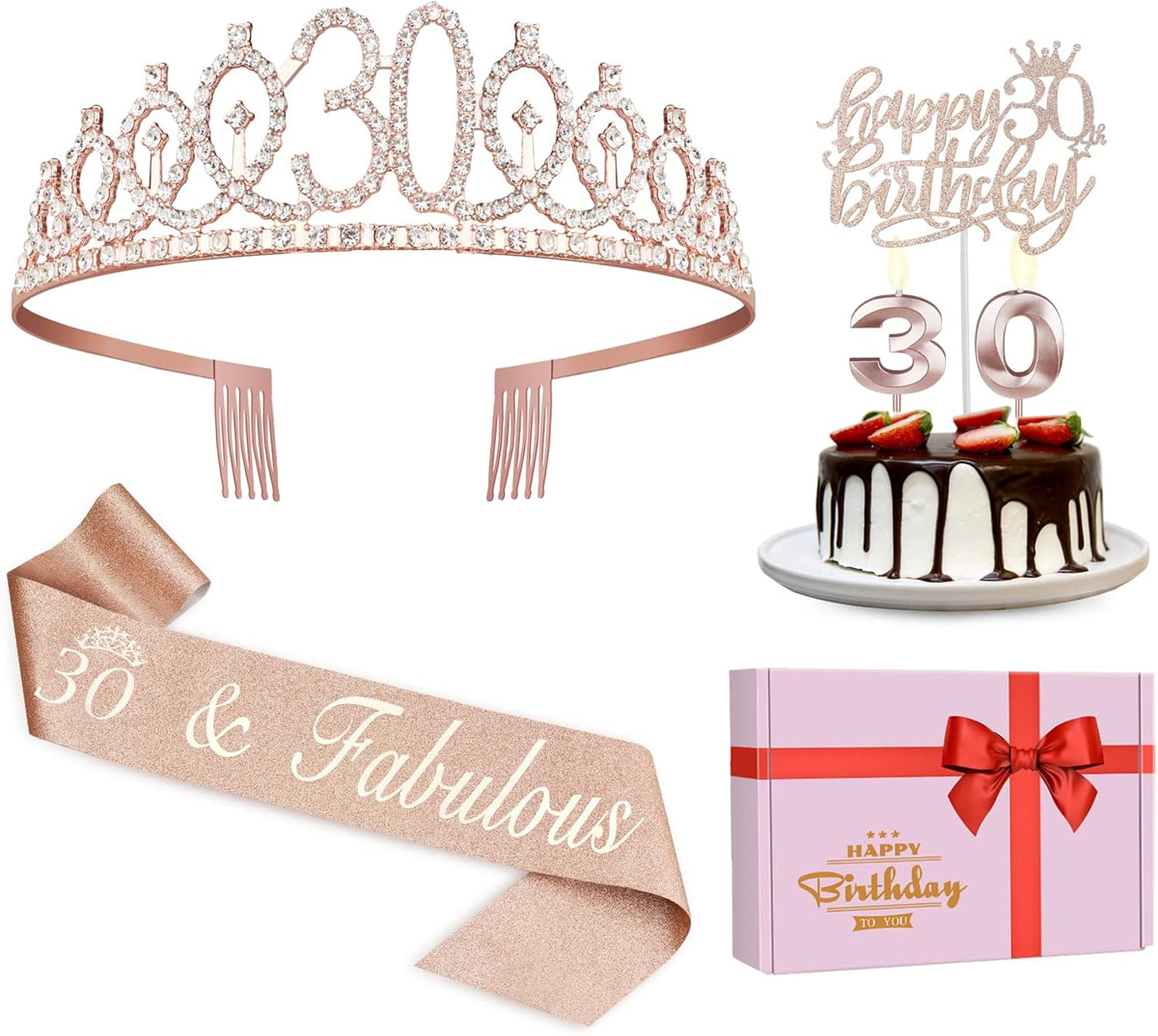 30th Birthday Decorations for Her, Including Sash, Crown/Tiara, Candles, Cake Topper, 30th Birthday