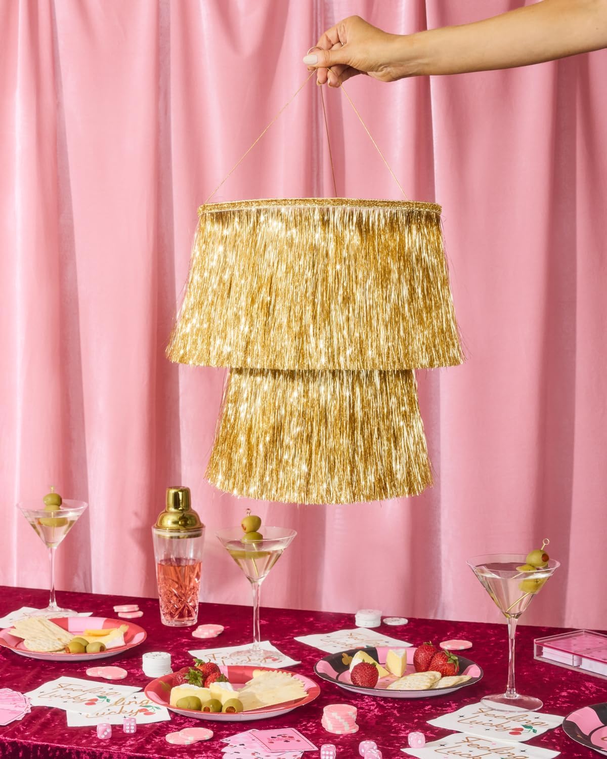 xo, Fetti Gold Fringe Tinsel Chandelier | 16" | Bachelorette Party Decorations, Birthday Photo