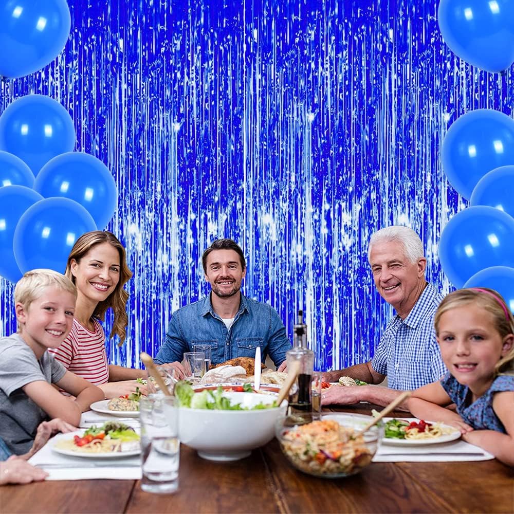 3 Pcs Blue Tinsel Foil Fringe Curtains,3.28ft x 6.56ft Gold Photo Booth Backdrop Streamer
