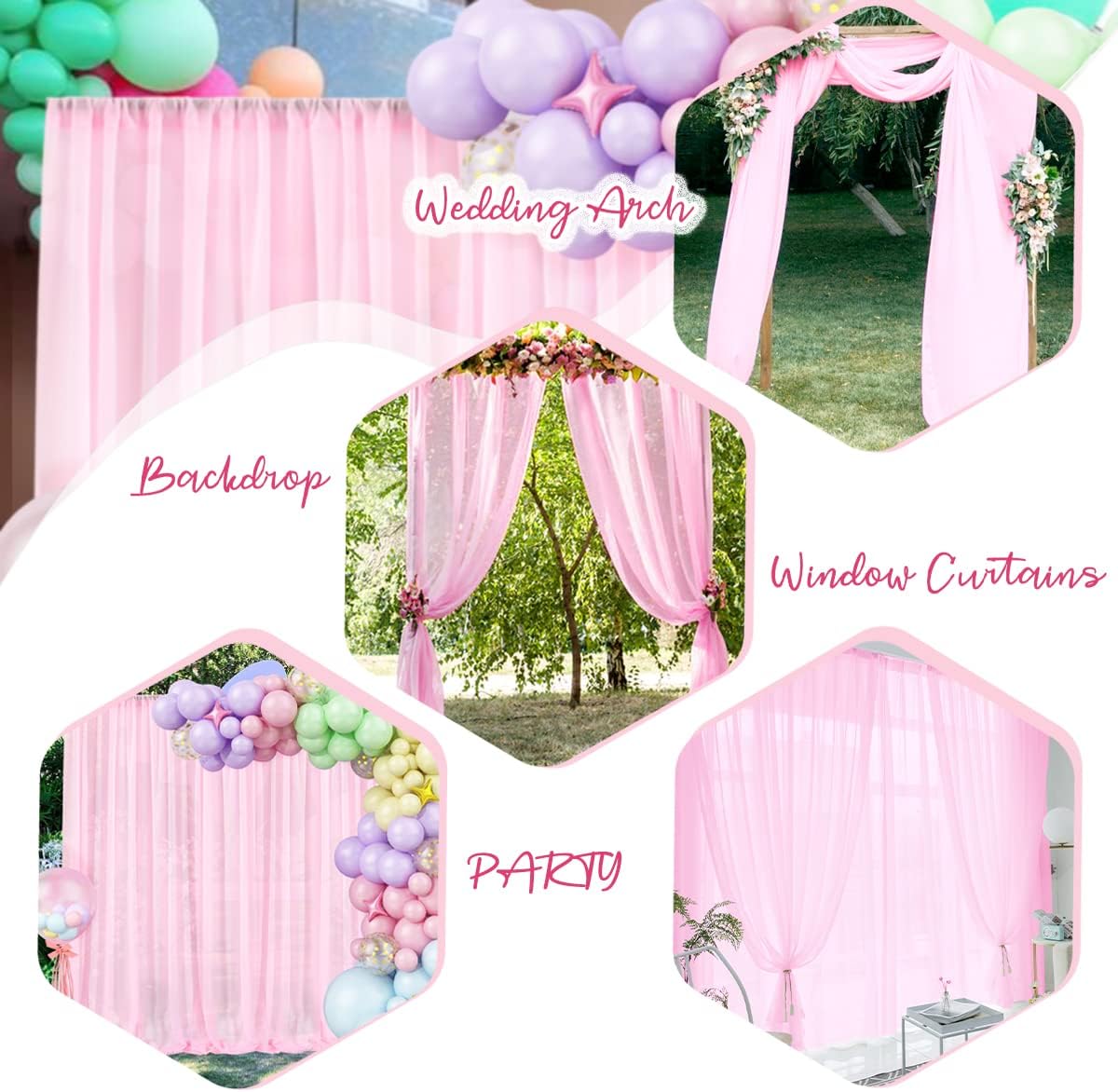 PARTISKY 10x10ft Pink Chiffon Sheer Backdrop Curtains, Wrinkle-Free Wedding Backdrop Drapes for