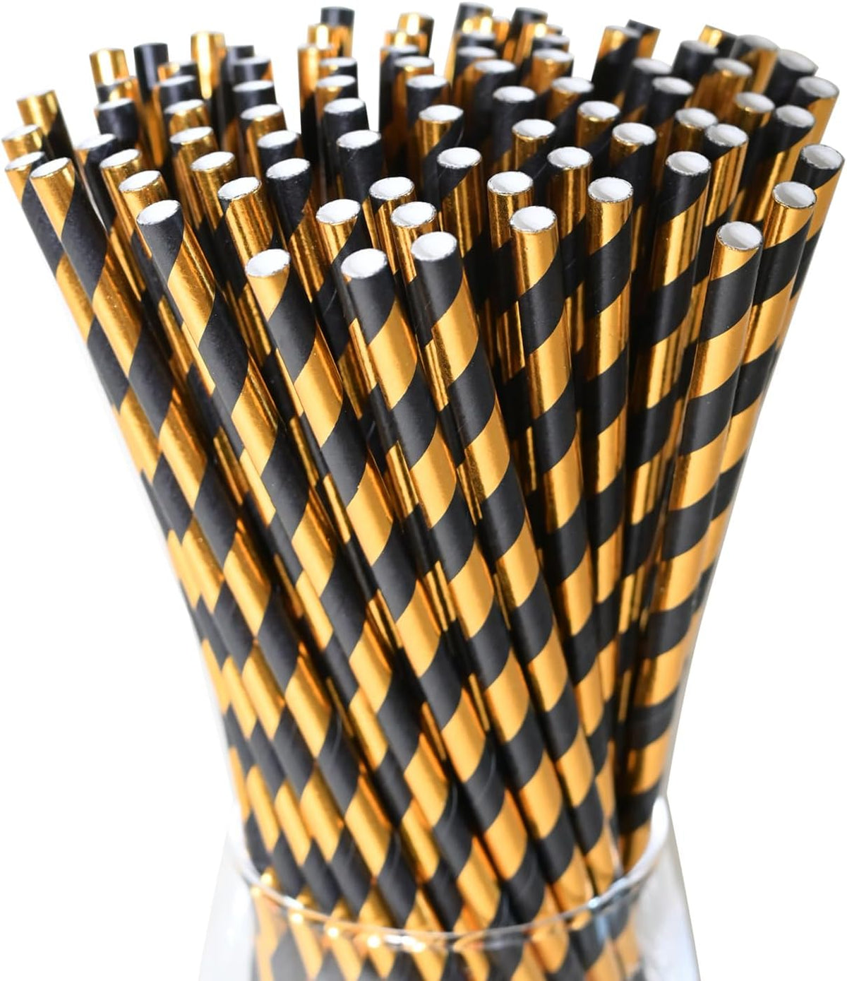 Disposable Paper Drinking Straws - Biodegradable Black Gold Striped Straws for Graduation
