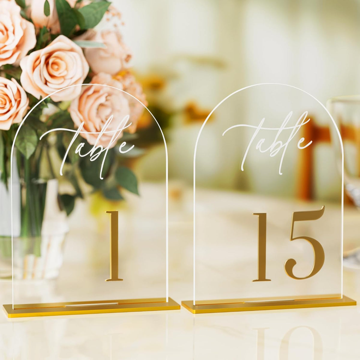 Arch Wedding Table Numbers 1-15 with Stands, Elegant Gold Number 5.5 x 7” Arch Acrylic Signs with