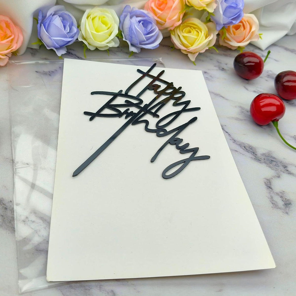 Black Happy Birthday Cake Topper – 1 pc, 5.3x3.9 Inch Acrylic Cake Decorations – Easy-to-Use