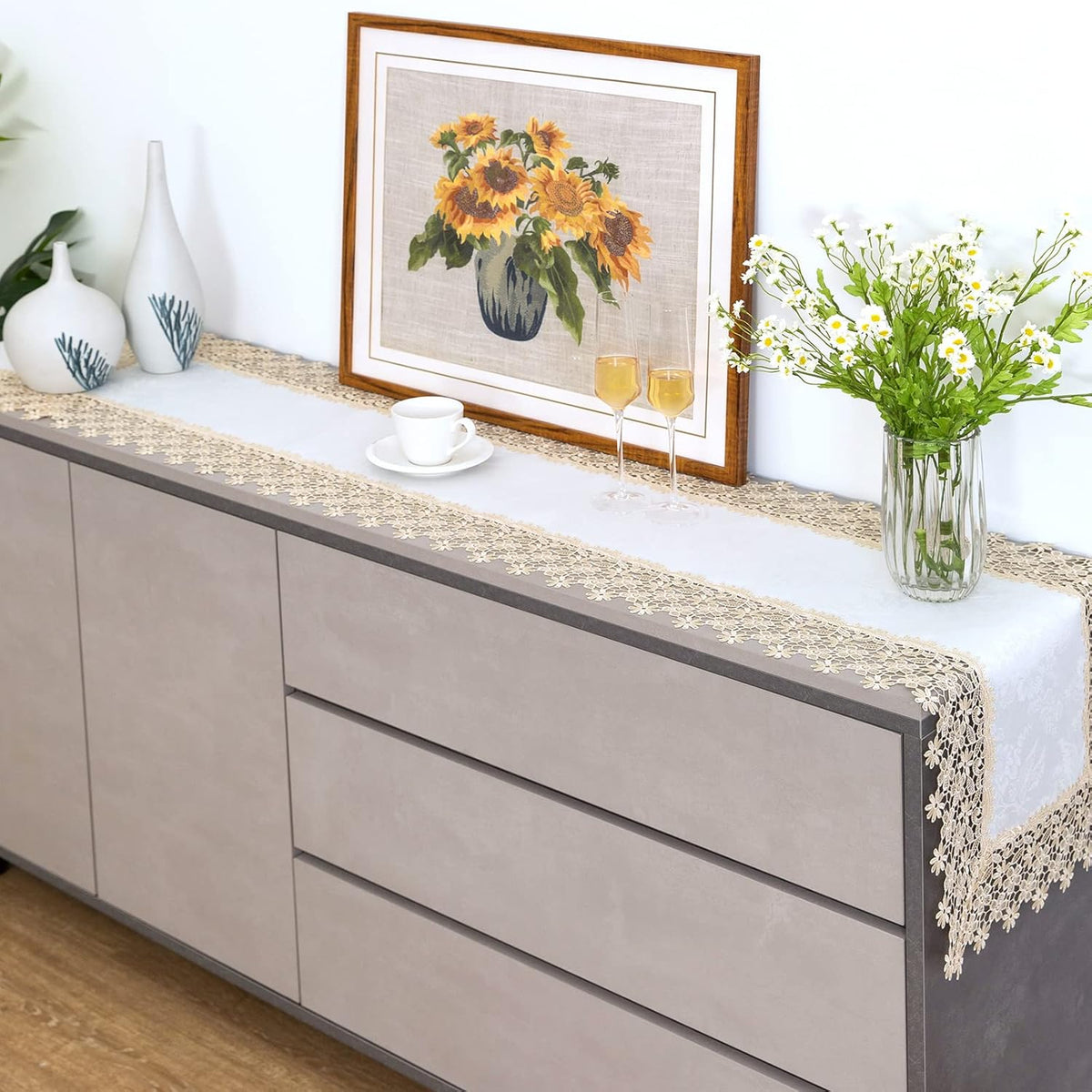 Beige lace Premium Rectangle Farmhouse Table Runner Waterproof OilProof SpillProof AntiShrink Soft