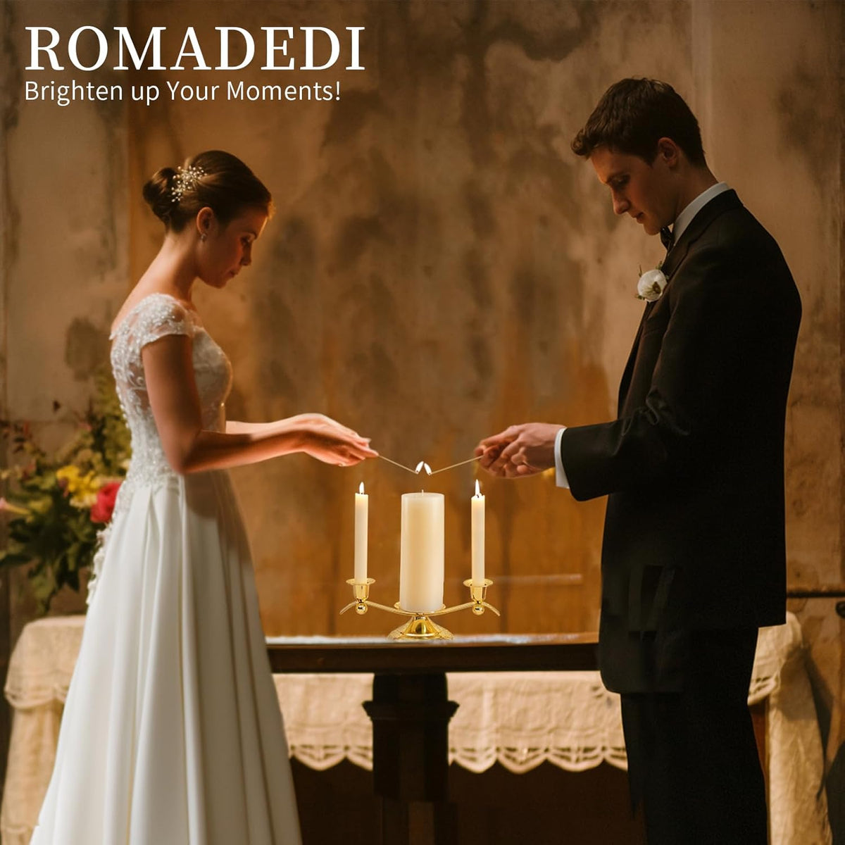 Unity Candle Holder for Wedding Ceremony Set - Romadedi 3 Arm Metal Gold Candle Stand for Pillar