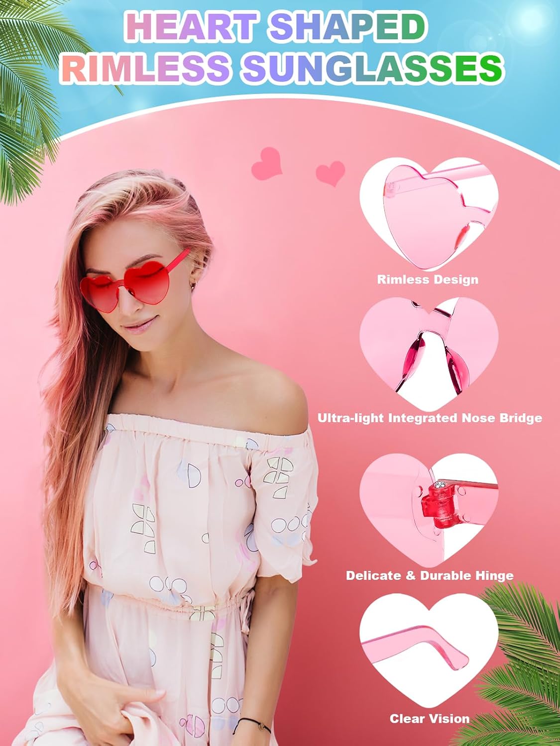 12 Pairs Heart Shaped Sunglasses for Women Colorful Glasses Fun Trendy Transparent Heart Sunglasses