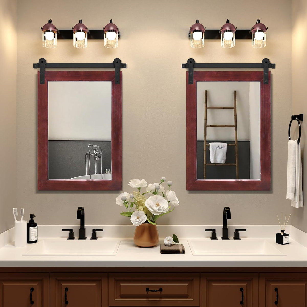 COGOOD Farmhouse Barn Door Mirror - 21 x 30 Rustic Wood Framed Wall Mirror for Bathroom, Living