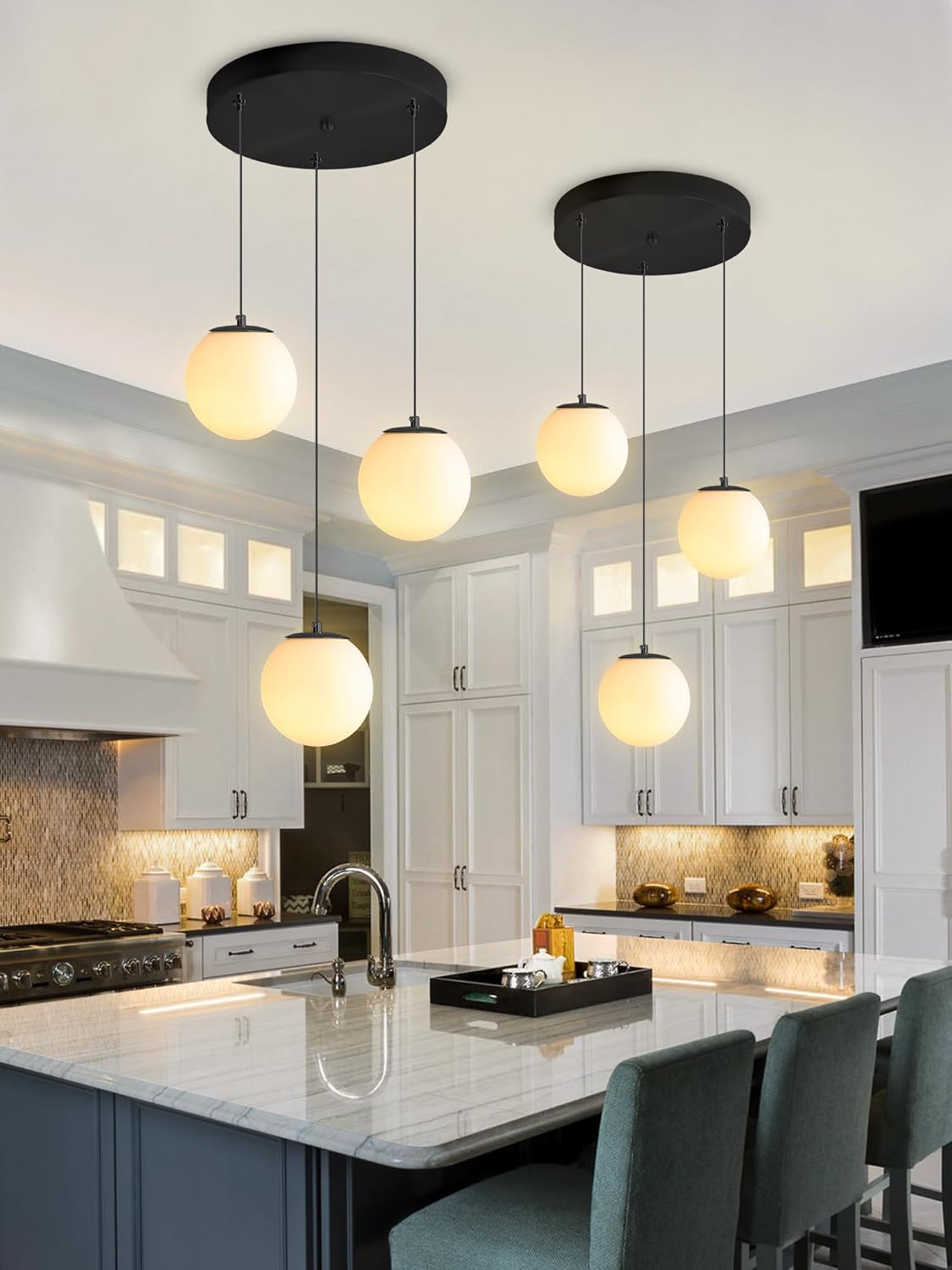 3-Lights Globe Glass Pendant Light Modern White Globe Glass Chandelier Mid Century Chandelier Black