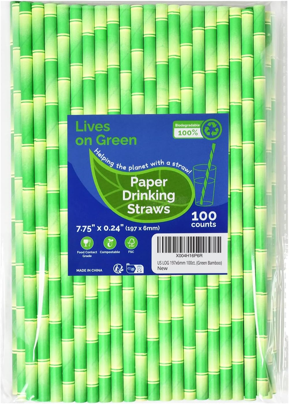 Paper Straws for Drinking Green Bamboo, 7.75" x 0.24" - for Cocktail, Juice, Iced Tea, 100%