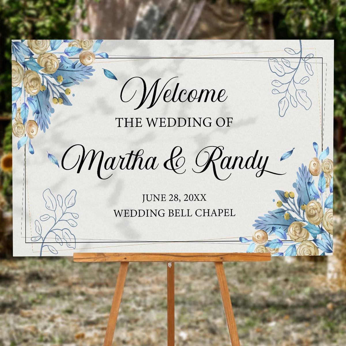 Editable Watercolor Wedding Welcome Sign, Boho Floral Template, Printable Blue Ceremony Decor