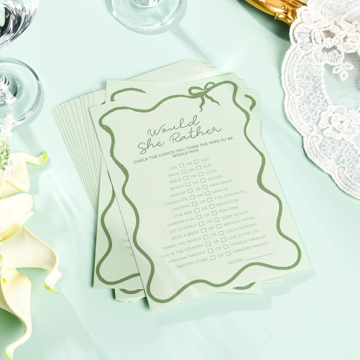 DEEKA 30 PCS Bridal Shower Games Card for 30 Guests Sage Green Wavy Border Ribbon Bow Funny Wedding