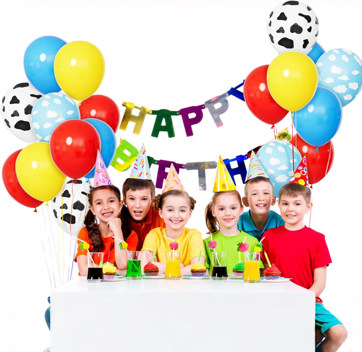 68Pcs Red Yellow Blue Toy Balloons 12 Inch Light Blue Cloud Cow Print Balloons for Baby's Birthday
