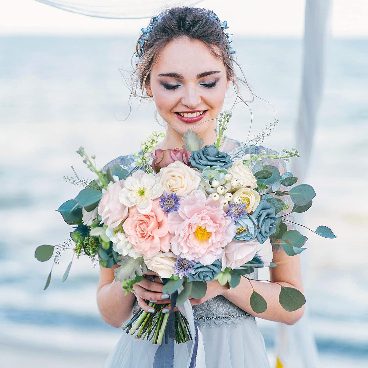 AmyHomie Blue Pink Artificial Flowers Combo Silk Mix Peony Rose Hydrangea Daisy Fake Flowers w/Stem