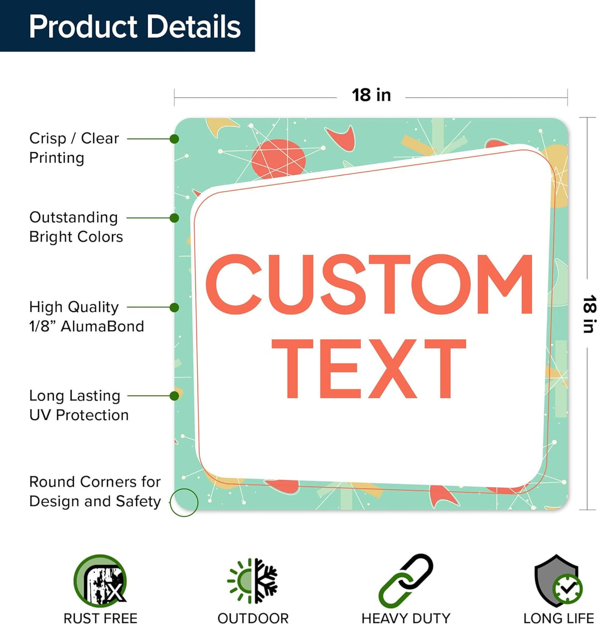 Custom Sign, Custom Street Sign, 11 Font Colors, 13 Font Styles, 4 Hole Options, 22 Sizes, 18x18