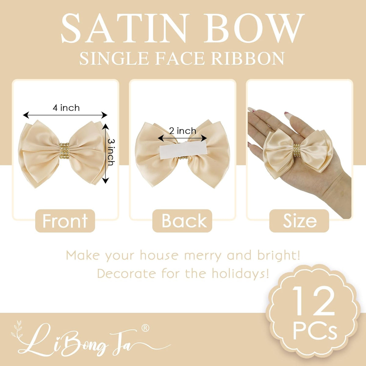 Champagne Gold Ribbon Bow 4'' Premade Satin Bows, Gift Bows with Rhinestone, Wrapping Bow for