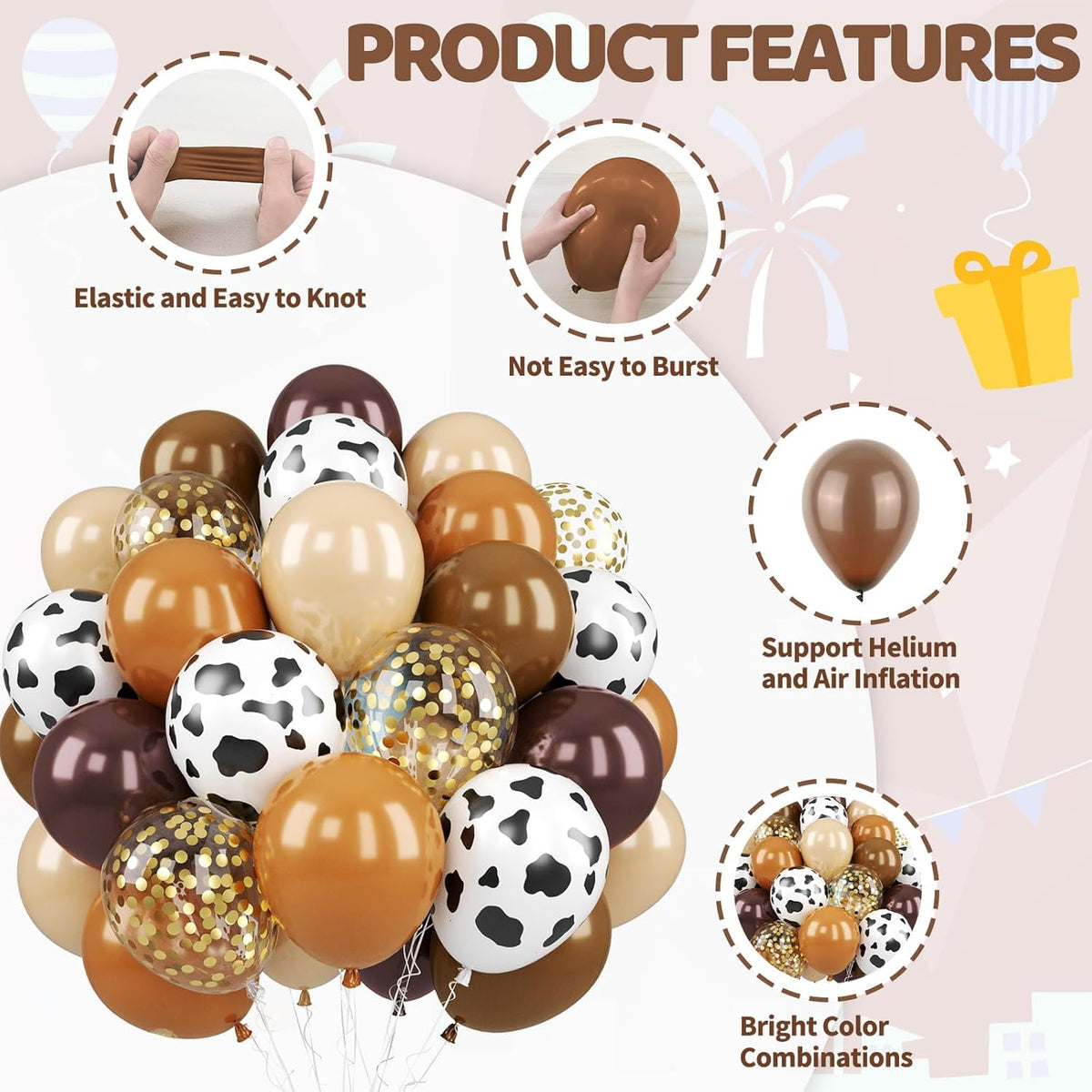 Brown Cow Balloons, 50 Pcs Cow Print Balloons, 12 Inch Dark Brown Coffee Nude Tan Neutral Gold