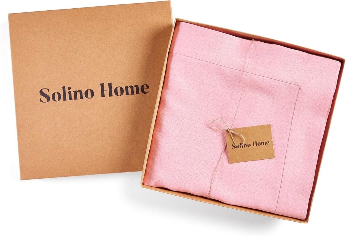 Solino Home Linen Tablecloth for Rectangle Tables 60 x 144 Inch - 100% Pure Linen Pink Lemonade