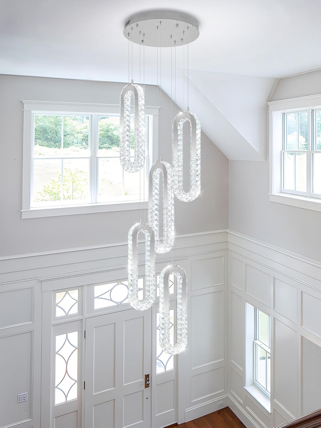 5 Rings Crystal Chandeliers for Staircase Large Pendants Light Fixture Silver High Ceiling