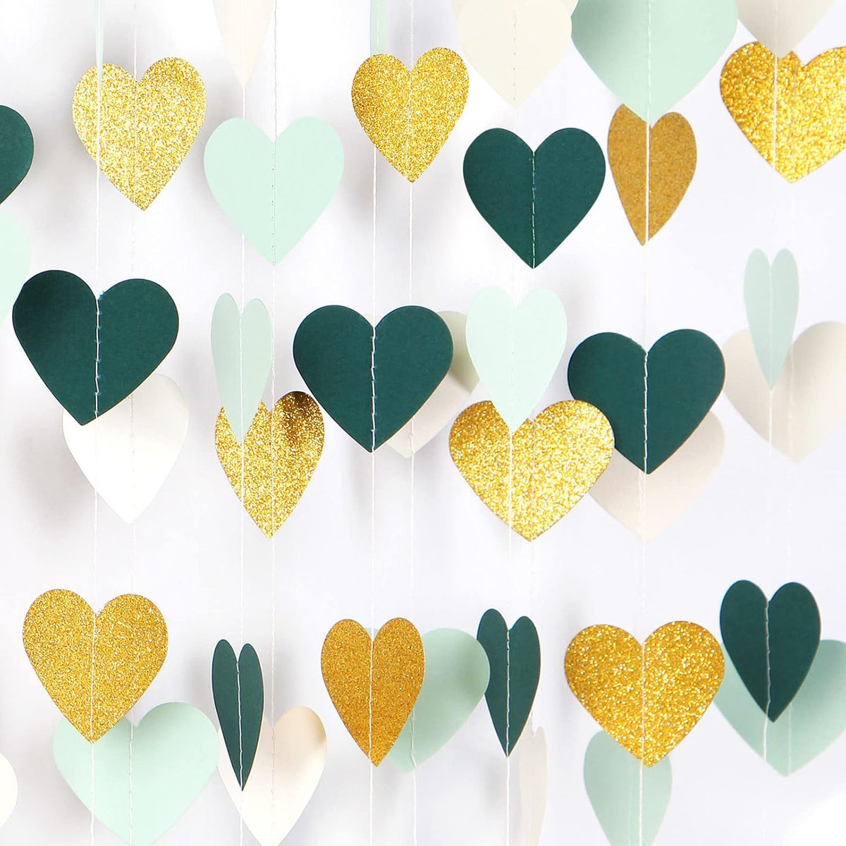 Sage-Green Mint Beige-Gold Love-Heart Garland - 52Ft Rustic Wedding Hanging Decoration Streamers