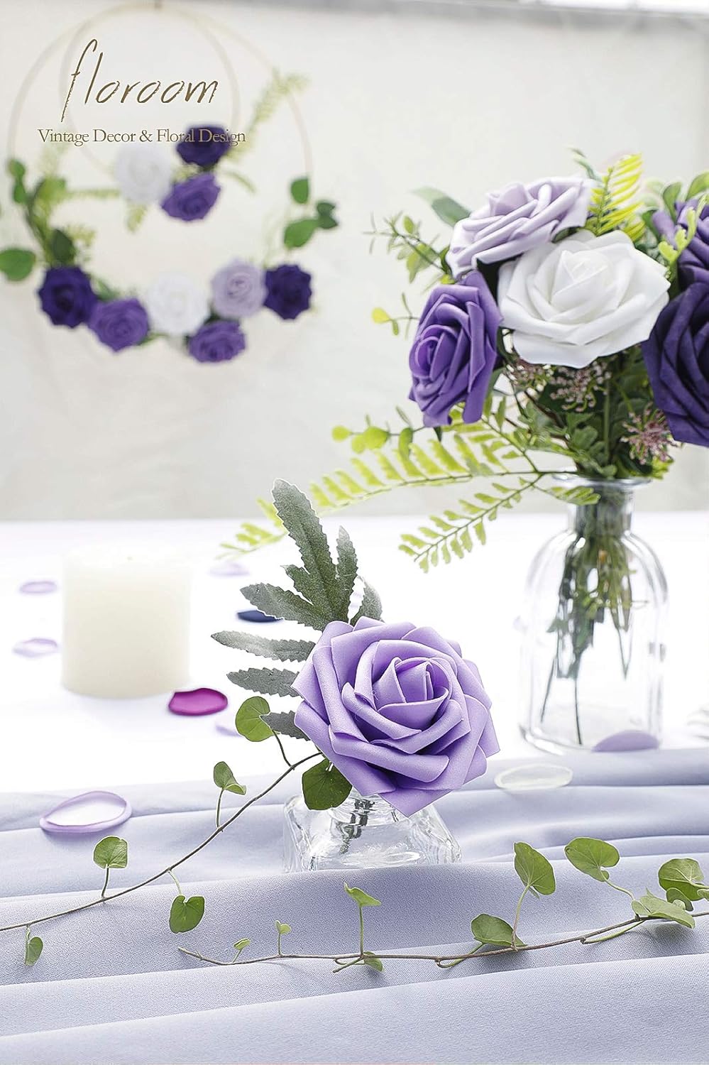 Floroom Artificial Flowers 25pcs Real Looking Violet Purple Ombre Colors Foam Fake Roses with Stems