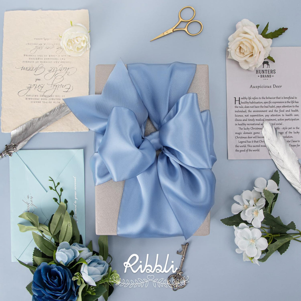 Ribbli Dusty Blue Satin Ribbon 4 Inch Wide Dusty Blue Ribbon for Wedding Chair Sash Grand Opening