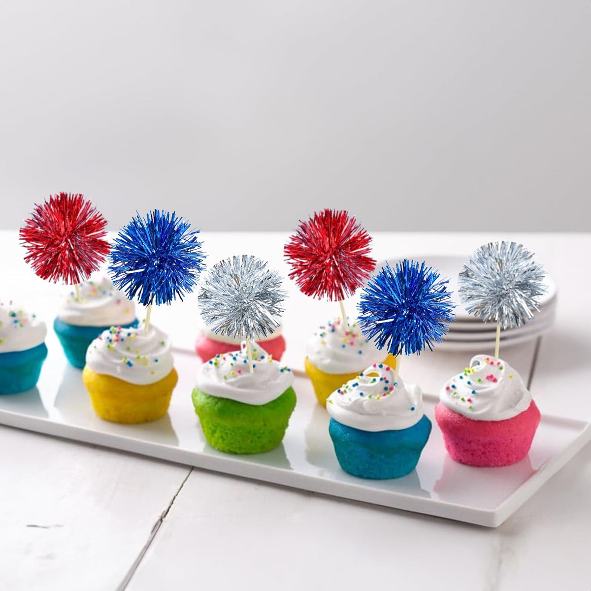 Gyufise 30Pcs Foil Firework Cupcake Toppers Sparkle Tinsel Cake Toppers Tinsel Drink Cake