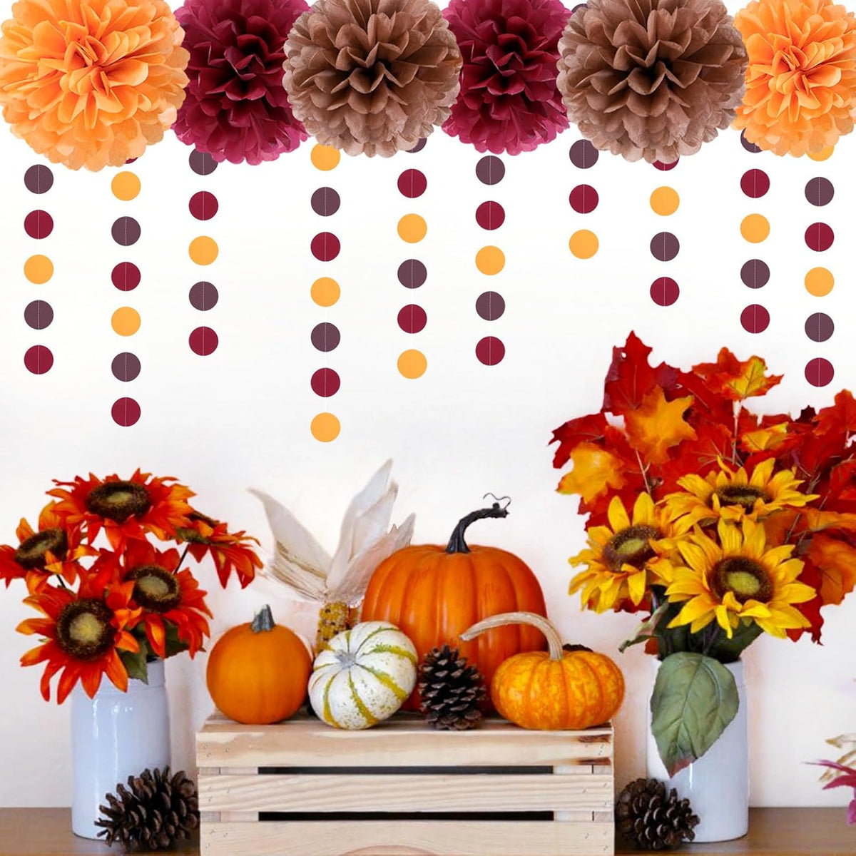Brown Burgundy Orange Party-Decorations - 23pcs Fall Autumn Thanksgiving Harvest Paper Tissue Pom