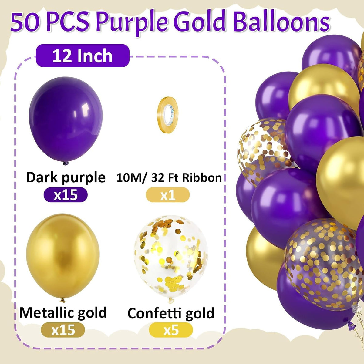 Paready Purple and Gold Balloons, 50 Pcs Dark Purple Party Balloons, 12 Inch Retro Purple Metallic