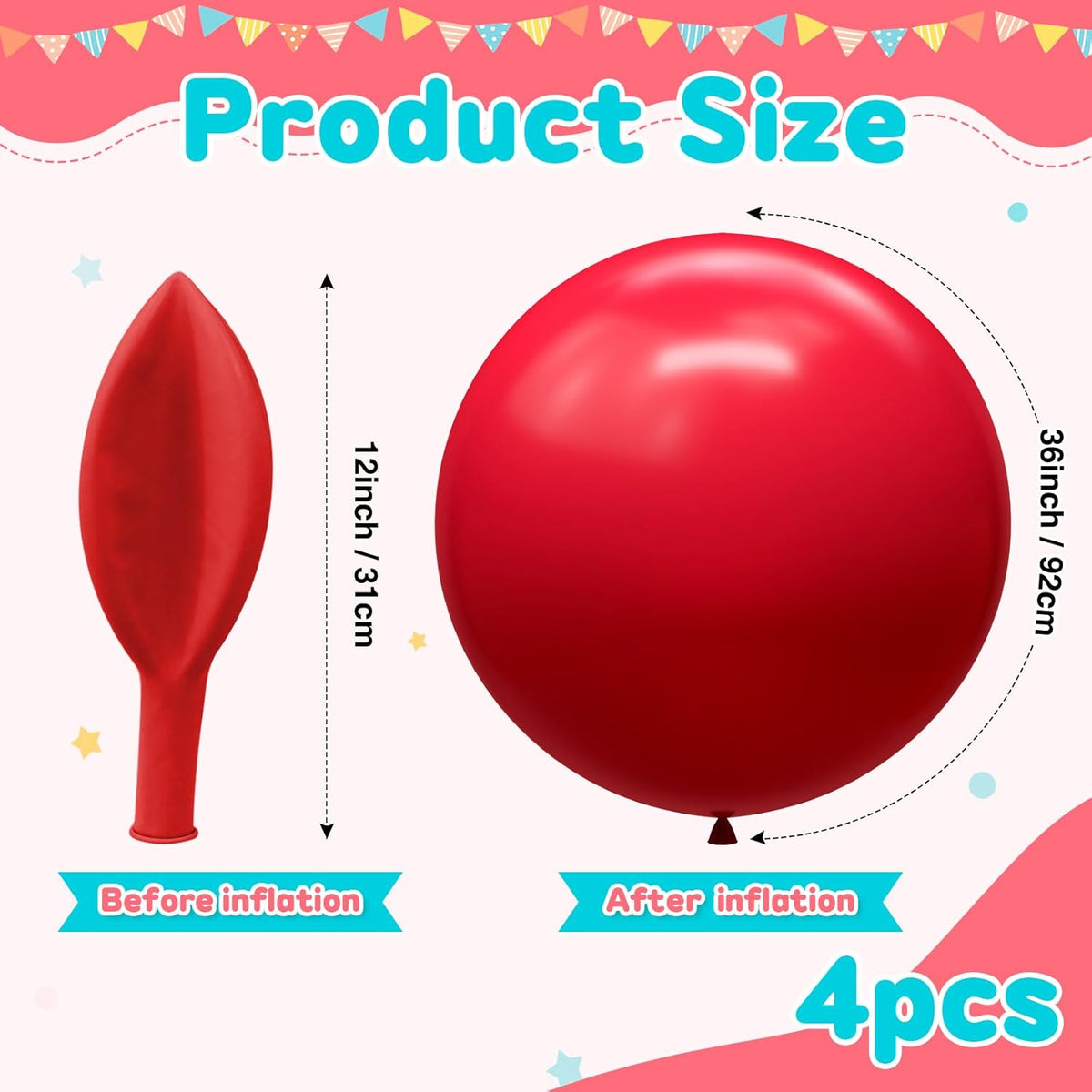 Giant 36 inch Jumbo Red Balloons - 4pcs Latex Balloons for Birthday, Wedding, Photo Shoot