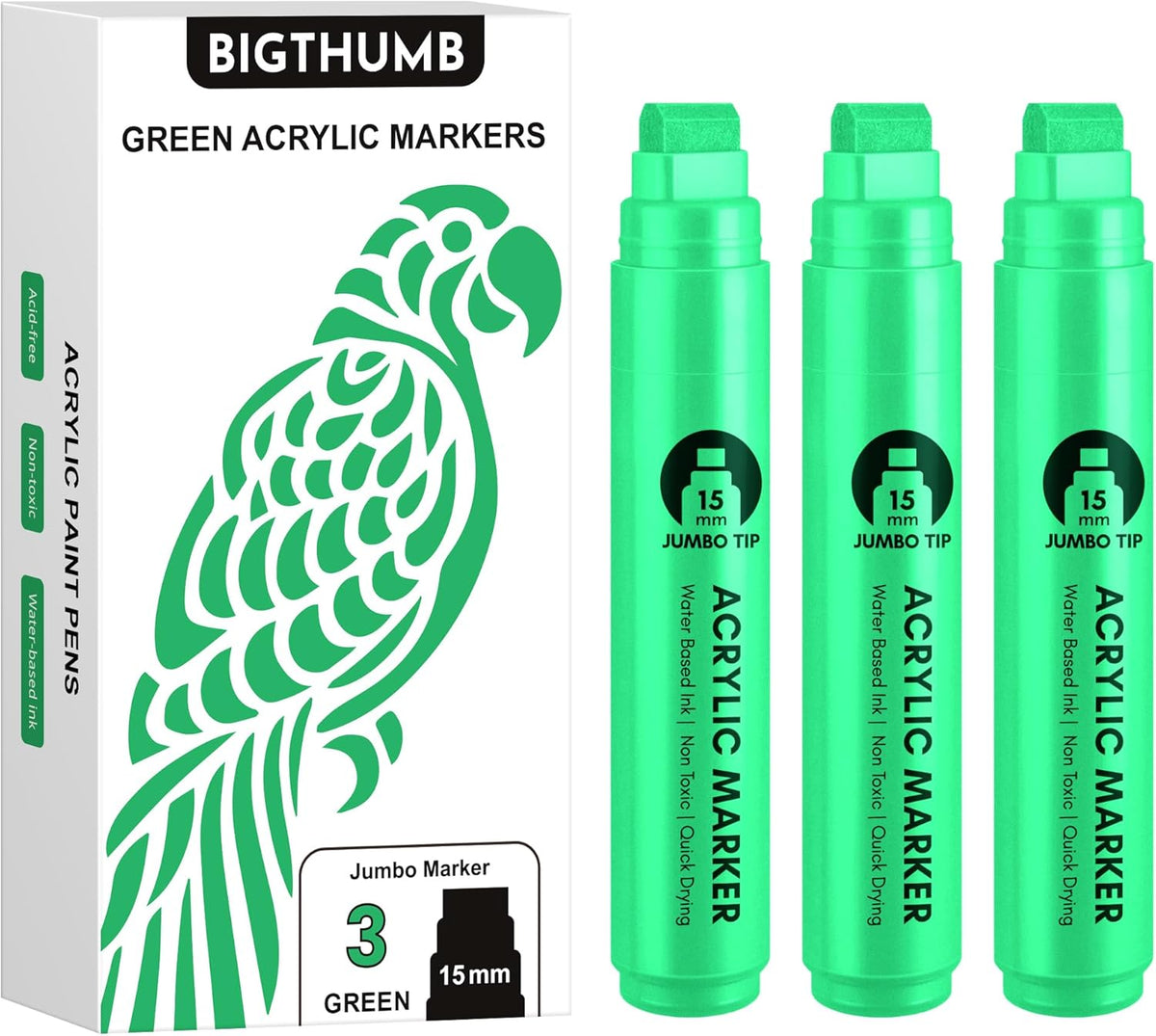 3 Pcs Green Jumbo Permanent Markers: 15mm Wide Tip Thick Acrylic Paint Pen Large Calligraphy Marker