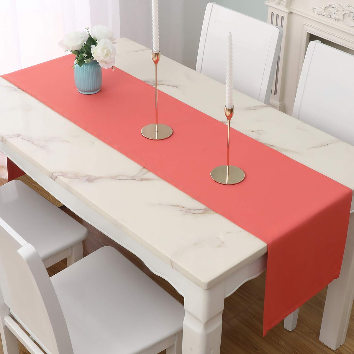 DUALIFE Coral Table Runner 14x72 Inch Solid Color Thick Polyester Decorative Cloth Handcrafted for