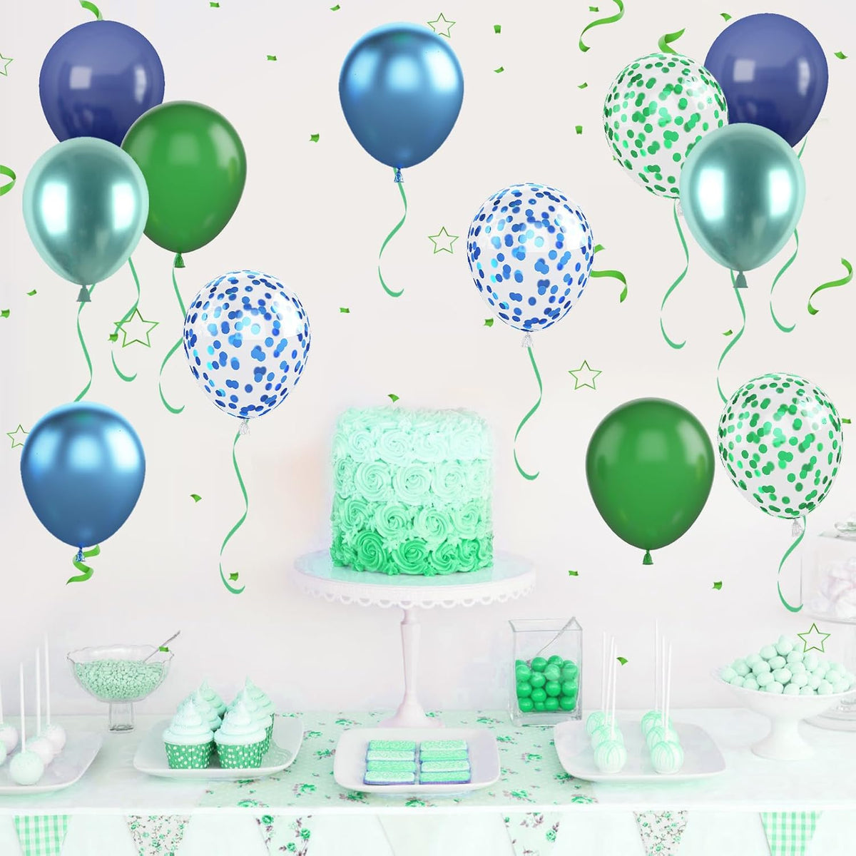 Blue and Green Balloon Set, 12 Inch Navy Blue Dark Green Balloons Metallic Chrome Ballons, Confetti