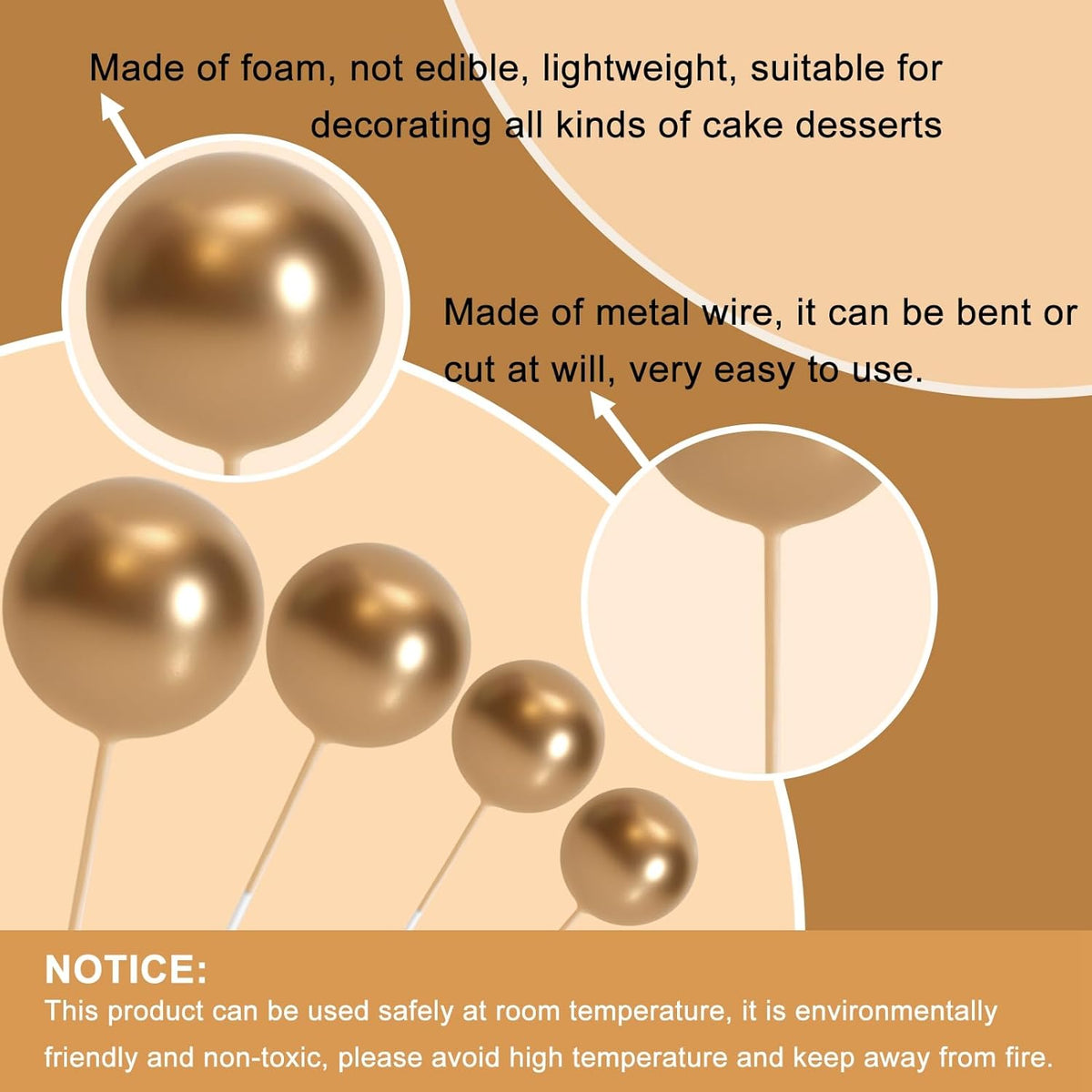 ASTARON 20 Pcs Ball Cake Topper Decorations Mini Balloons Cake Topper Sticks Gold Cake Picks Cake