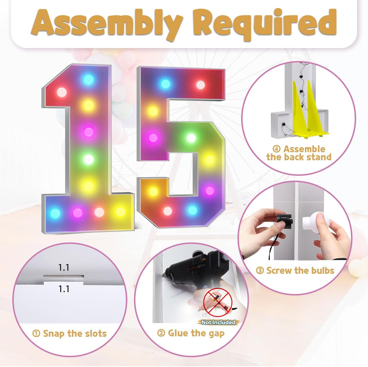 Marquee Numbers 15th-Birthday Decoration: Colorful 4FT Large Light Up Quinceanera Birthday