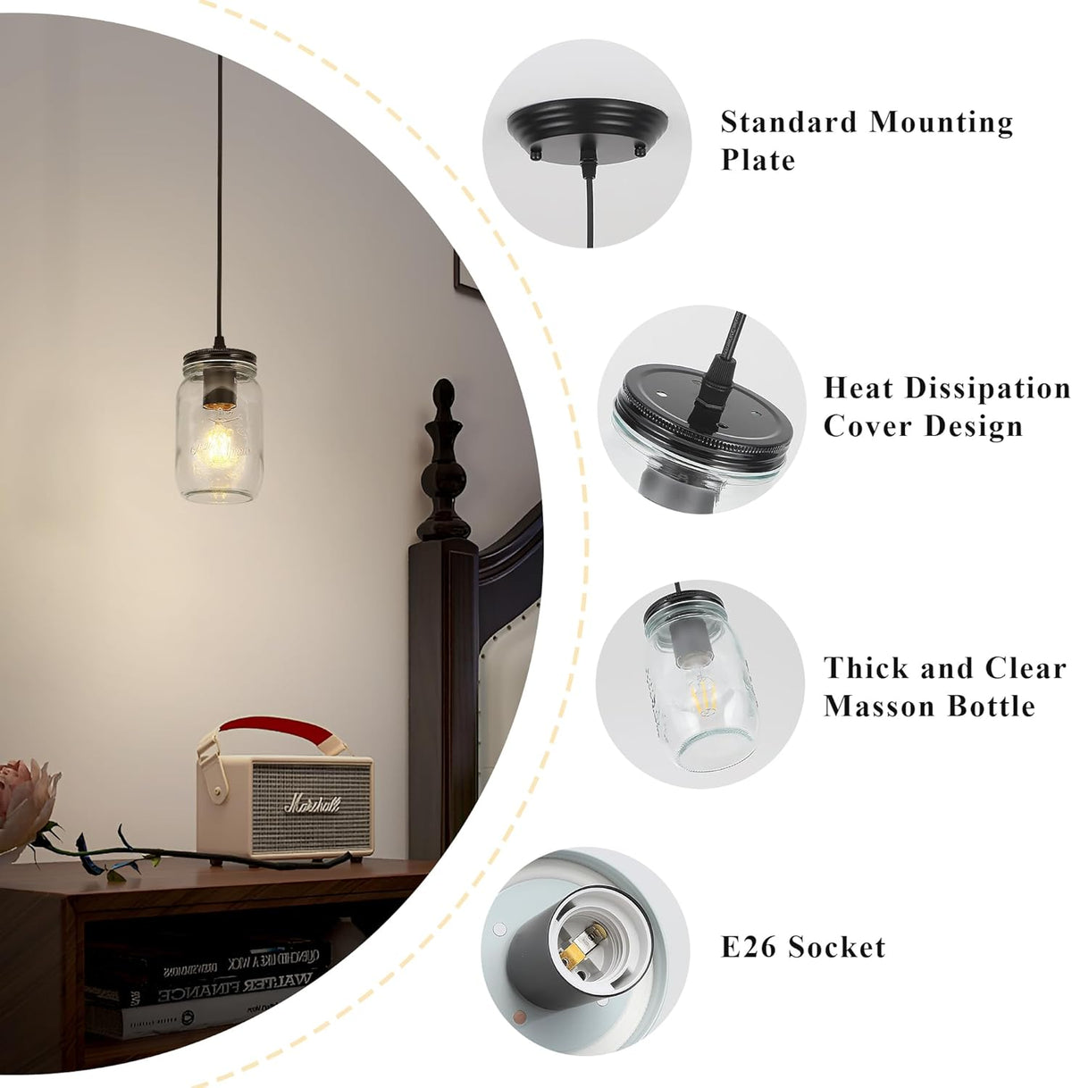 Black Pendant Lights, 2 Pack Clear Glass Pendant Lights Kitchen Island, Farmhouse Mason Jar Pendant