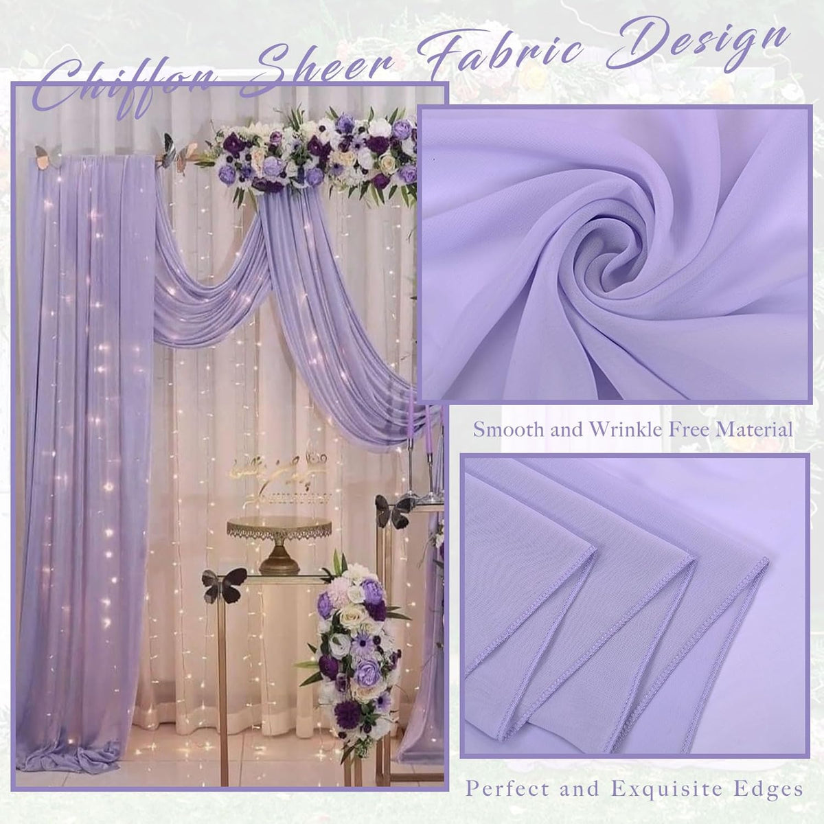 Wedding Arch Draping Fabric 2 Panels 20Ft Length x 28" Width Lilac Arch Drapes Chiffon Fabric Sheer
