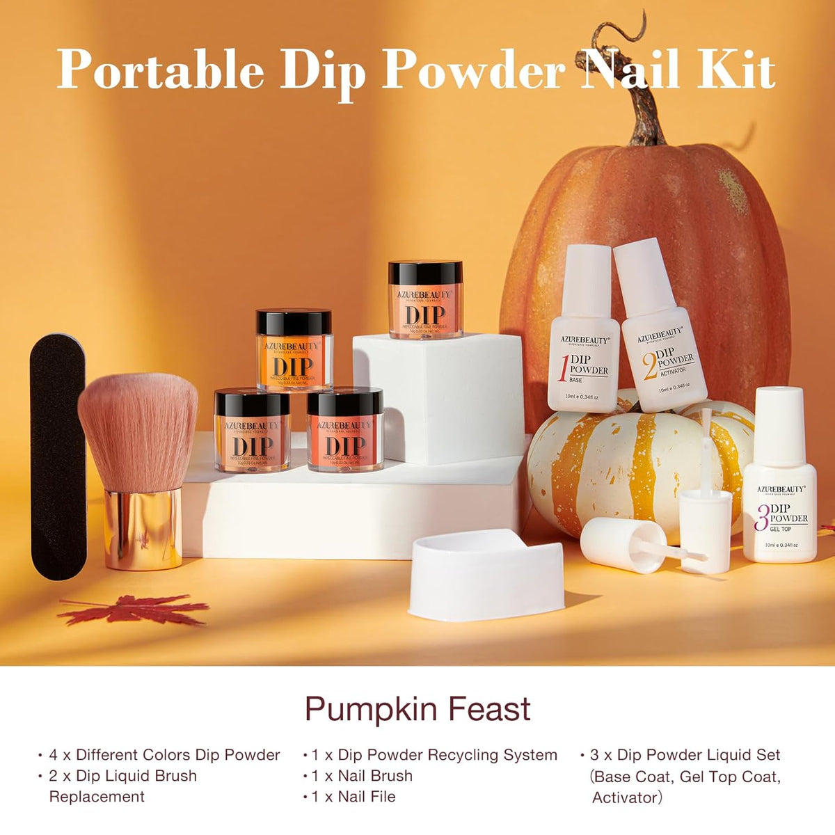 AZUREBEAUTY Dip Powder Nail Kit Starter, Orange Brown Glitter, 4 Fall Pumpkin Maple Dark Colors