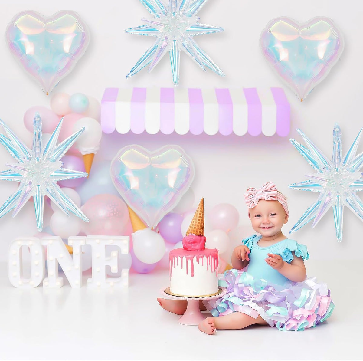 6Pcs Iridescent Foil Balloons, 22" 18" Heart Explosion Star Iridescent Balloons Large Holographic