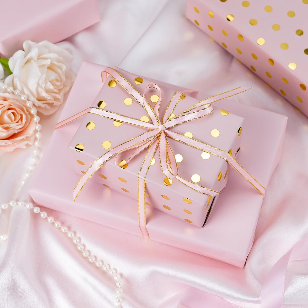 Flyhill Pink Wrapping Paper Roll,Reversible Mini Roll Gold Foil Polka Dot Gift Wrap for