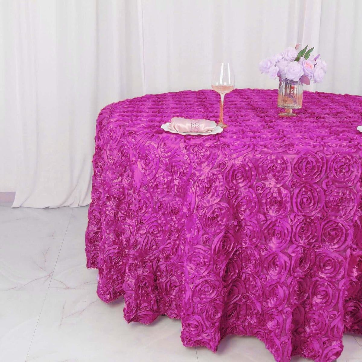 Efavormart 120" Wholesale Round Table Cover Fushia Grandiose Rosette 3D Satin Tablecloth for