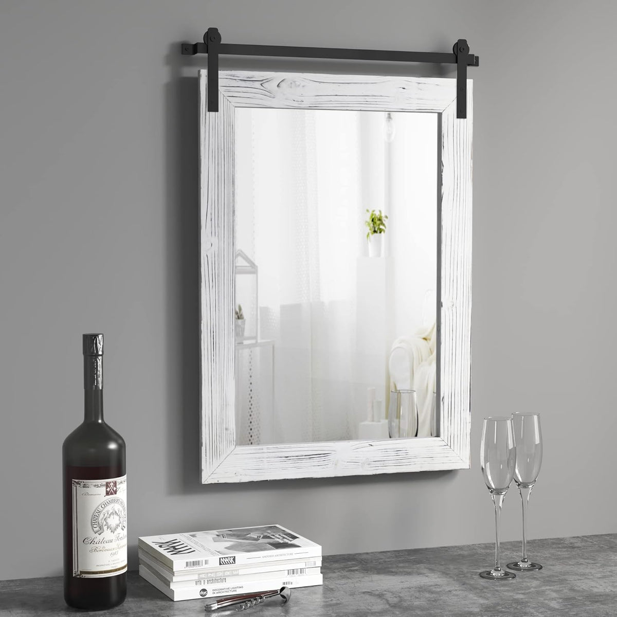 COGOOD Farmhouse Barn Door Mirror - 26" X 17" Rustic Wood Framed Wall Mirror for Bathroom, Living