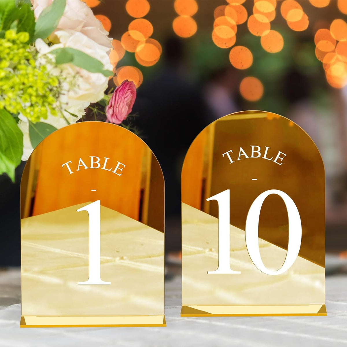 JOYIT Arch Wedding Table Numbers 1-10 with Stands – 5" X 7" Acrylic Mirrored Gold Table Number
