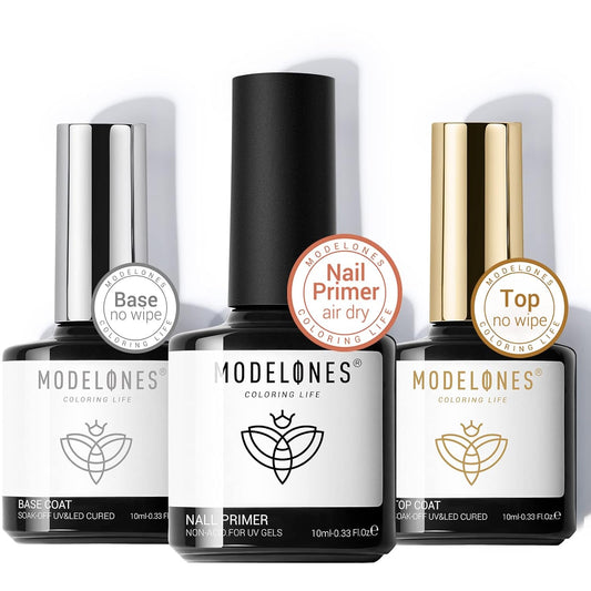 modelones Gel Top Coat and Base Coat With Nail Primer, 3 Pcs No Wipe Clear Base and Top Coat Nail
