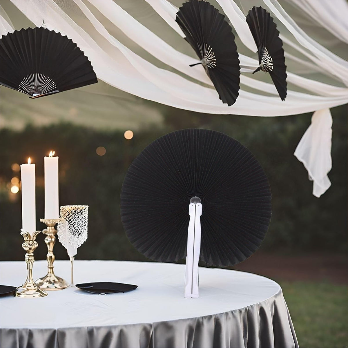 12 Packs Decorative Paper Folding Hand Fans Handheld,Black Round Foldable Wedding Fans Chinese and