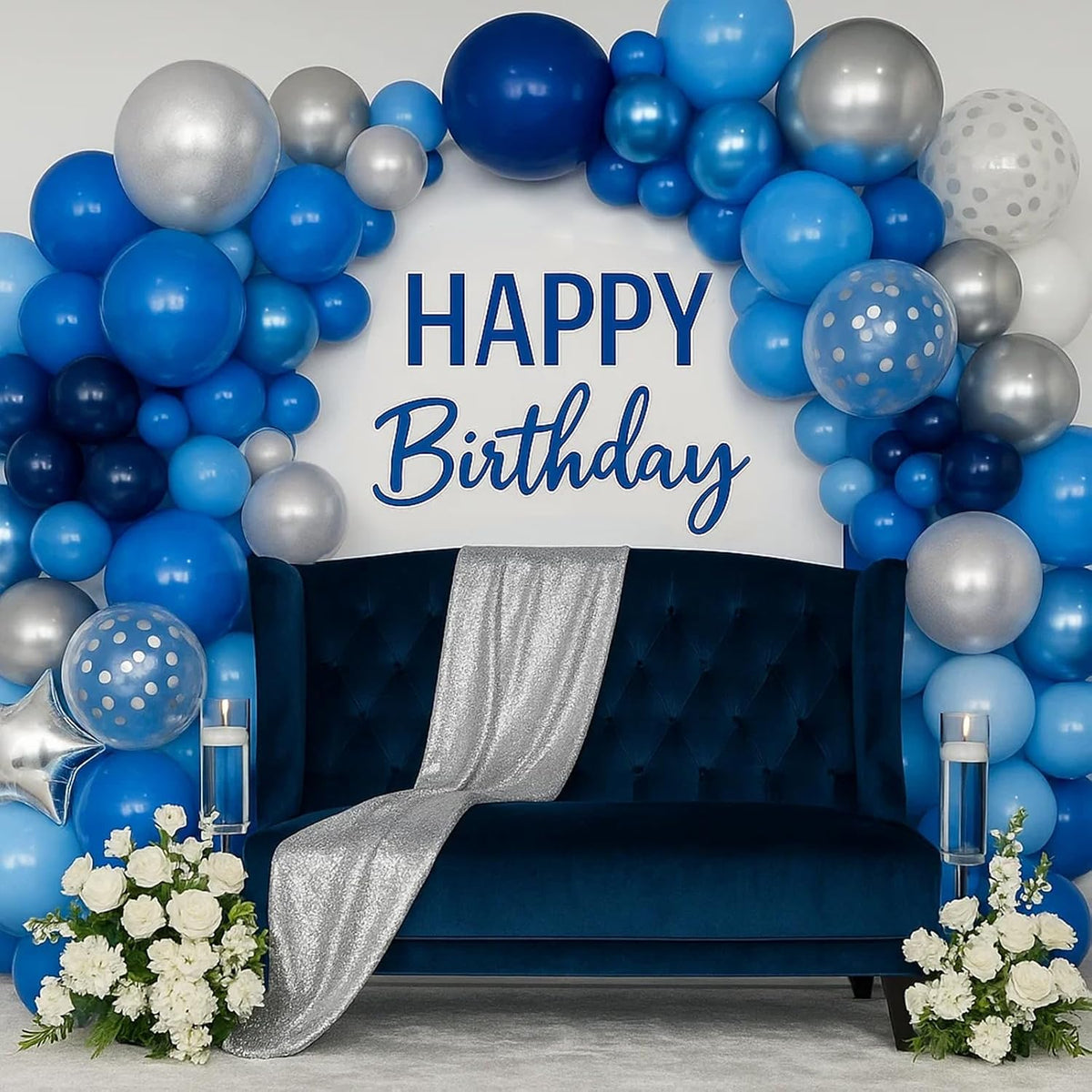 Patimate Blue Silver Balloons Set, 50 pcs 12 inch Metallic Navy Royal Blue Silver Confetti Latex